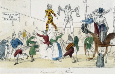 Carnival of Paris, boulevard des Italians - gravering fra 1700-tallet, Carnavalet. av Unknown artist