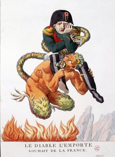 Tegneserie om Napoleon Bonaparte båret av djevelen: Må djevelen seire Frankrikes ønske - i "" Napoleon I, karikaturer, dummysamling"". 1814 - 1815. B.H.V.P. av Unknown artist