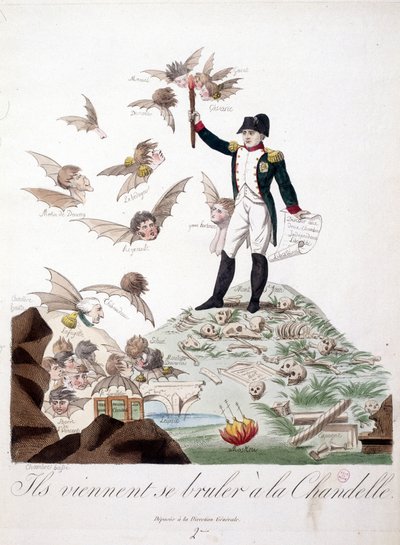 Tegneserie om Napoleon I avbildet på en høyde dekket med skjeletter og holder et stearinlys som brenner vingene til karakterer (Merlin de douai, Regnault...) representert i flaggermus. - i Napoleon I, karikaturer, dummysamling. 1814 - 1815. B.H.V.P. av Unknown artist