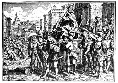 Tegneserie om pave Innocent I under invasjonen og plyndringen av Roma av Alaric I, kongen av vestgotene, i 410 (Sac of Rome). Gravering - i "" The Chronicle of Goffredo"". av Unknown artist