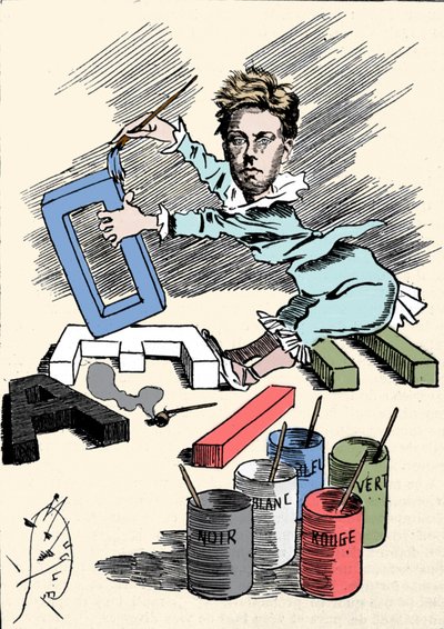 Tegneserie som viser poeten Arthur Rimbaud (1854-1891) som dekker alfabetbokstaver med maleri. Gravering fra «Men of Today»» av Unknown artist