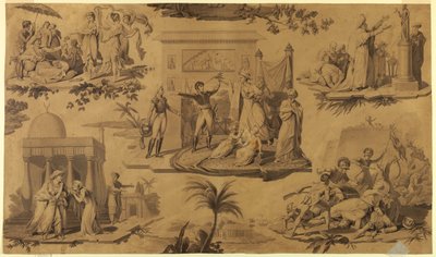 Tegneserie for trykt bomullstekstil: Franskmennene i Egypt [Les Francais en Egypte] av Unknown artist