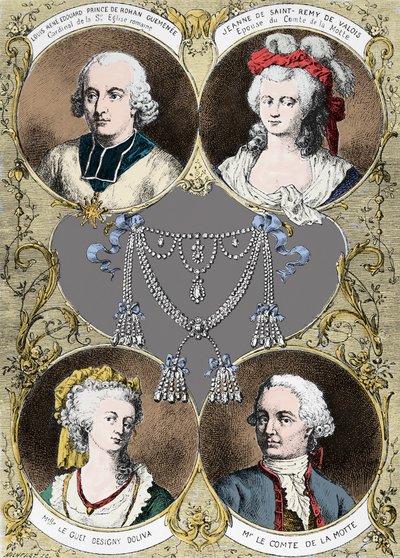 Etui av halskjedet til dronning Marie Antoinette - hovedpersonene i saken: Louis Rene Edouard de Rohan (Cardinal de Rohan), Jeanne de Valois Saint Remy (Valois-Saint-Remy), Count de la Motte og Mademoiselle Le Guet d