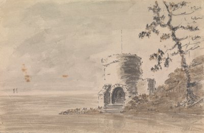 Slottsruin i landskapsscene med en innsjø av Unknown artist