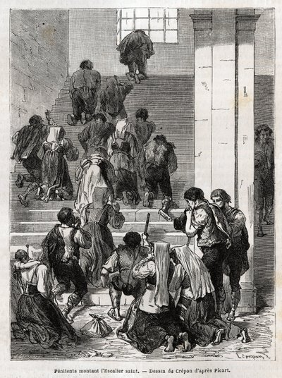 Katolske angrende som går opp den hellige trappen til Roma. Gravering for å illustrere historien om Ludovic Celler; den hellige uke i Roma av Unknown artist