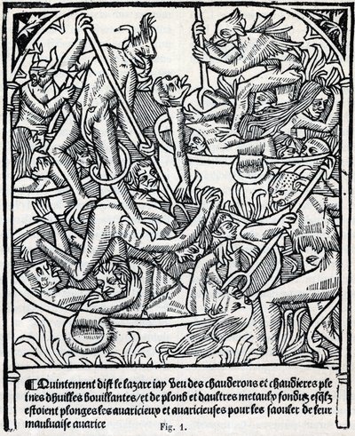 Cauldrons full of boiling oil and lead into which devils plunge the greedy to get them drunk with their bad greed description of Lazarus of hell. Fac simile du “Calendrier des Bergers”” prophetique almanach printed by Claude Nourry in 1504 for Jacques Hugu av Unknown artist