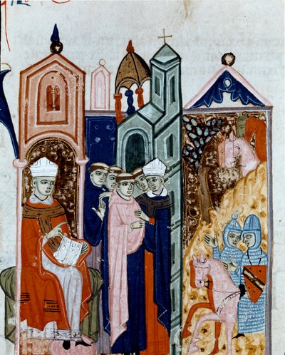 Seremoni med å ta vanen til en miniatyrmunk fra "Decret de Gratien"" ("Concordia discordantium canonum" eller "Decretum Gratiani") fra 1140 og regulere lovene og kanonene til den romersk-katolske kirke. Cesena Biblioteca malatesti fra 1300-tallet av Unknown artist