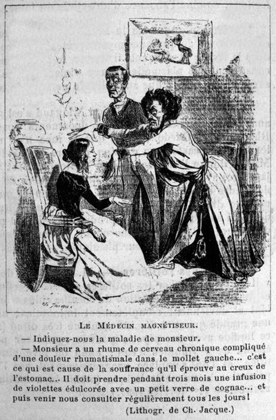 Charlatanism: satire om å konsultere hypnosemagnetisatorer for å behandle sykdommer. Fra et litografi av Jacque. 1800-tallet av Unknown artist