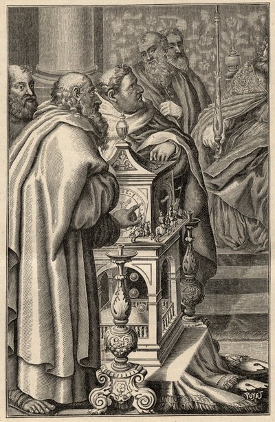 Charlemagne mottar gave av en clepsydra (vannklokke) fra Harun al-Rashid - I 797 tilbyr kalifen i Bagdad, Haroun ar-Rachid (765-809) Charlemagne en clepsydra (vannklokke, tidsmåling) som er emblematisk for den teknologiske kunnskapen- hvordan med arabisk c av Unknown artist