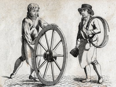 Charron with cart wheel and apprentice Engraving late 18th century. av Unknown artist