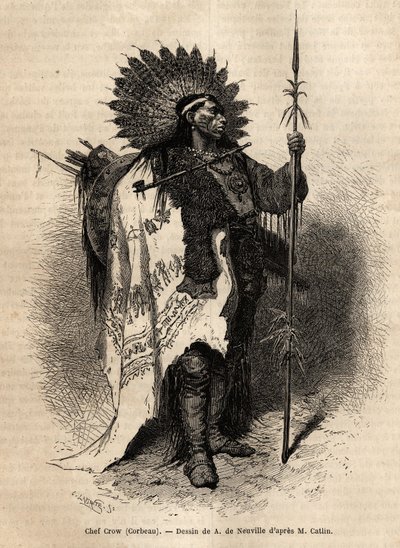 Chief Yellow Moccassin, fra Crow Indian-stammen, som bor langs Lewis River. Gravering for å illustrere en utflukt blant indianerstammene i bassengene i Colombia og Upper Missouri, av G. Catlin, i 1855, publisert i "" le tour du monde", under av Unknown artist