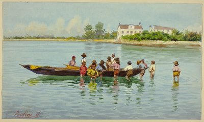 Barn med båt på den venetianske lagunen av Unknown artist