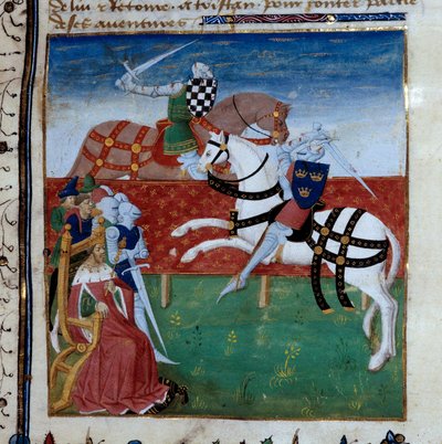 Ridderlig turnering mellom Tristan og Palamede. Miniatyr hentet fra manuskriptet "The novel of Tristan"" med tittelen Master Charles of Maine av Unknown artist