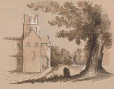 Kirke med tre og gravstein i forgrunnen av Unknown artist