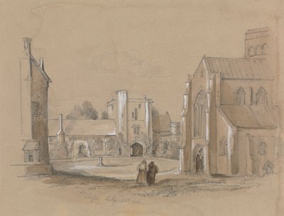 Kirkegård med to figurer i forgrunnen av Unknown artist