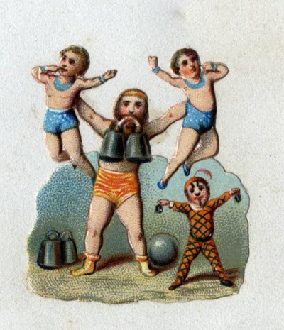 Sirkus: en alterofil løfter to menn på armlengdes avstand mens han holder en vekt mellom tennene for å demonstrere hva musklene hans kan gjøre. Kromolitografi rundt 1890. av Unknown artist