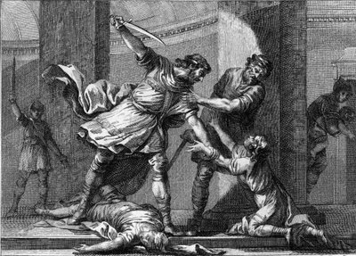 Clotaire (Clothaire) I (v.497-561) og Childebert I, de frankiske kongene, myrdet to sønner av deres bror Clodomir (495-524). Gravering fra 1700-tallet. av Unknown artist