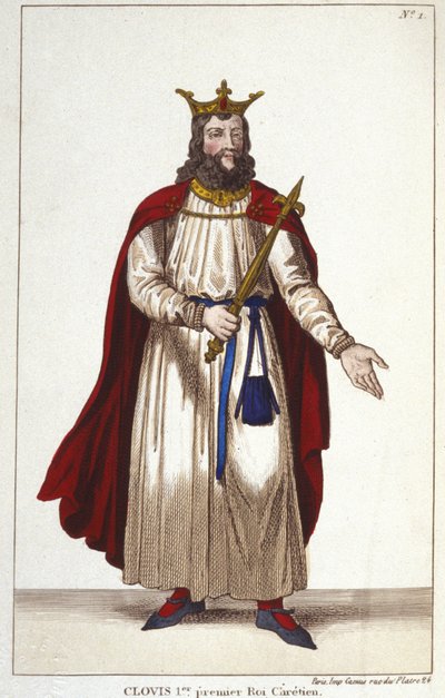 Clovis I (466-511), kongen av frankerne, Merovinger-dynastiet, gravering 1830 av Unknown artist