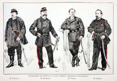 Kommandører for de mobiliserte fredsbevarerne (divisjonsinspektører), fra venstre mot høyre: Mr. Foucault, Mr. Giobergia, Mr. Vassal, Mr. Archer. Fargetsning, til illustrasjon "History of the Corps of Peacekeepers"" bok utgitt i regi av Unknown artist