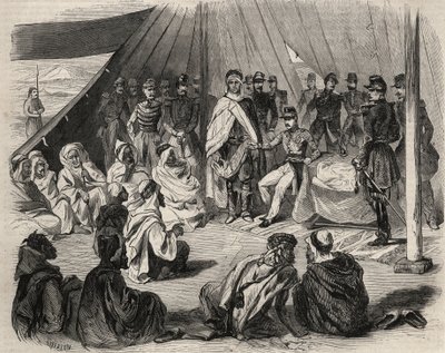 Erobringen av Algerie: ekspedisjon til Stor-Kabylia i 1857. Innlevering av den kabylske stammen Beni-Raten (Beni Raten) av den franske hæren. Gravering i “Le Monde illustrious”” fra 1857. Privat samling. av Unknown artist