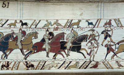 Erobringen av England av hertugen av Normandie Vilhelm Erobreren (1027-1087) i 1066: begynnelsen av slaget ved Hastings Detalj av Bayeux-teppet eller broderi av dronning Mathilde av Unknown artist