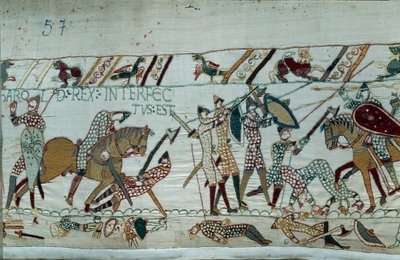 Erobringen av England av hertugen av Normandie Vilhelm Erobreren (1027-1087) i 1066: kong Harold IIs død med en pil i øyet i slaget ved Hastings. Detalj av billedvev av Bayeux eller broderi av dronning Mathilde av Unknown artist