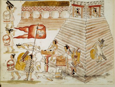 Erobring av Mexico: ødeleggelse av Tenochtitlan, hovedstaden i det aztekiske imperiet, av armeene til erobreren Hernan Cortes (Hernando Cortez) (1485-1547) 24.06.1520"" Miniatyr fra et manuskript av Unknown artist