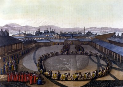 Konstantinopel: Lykkelighetsporten. Denne døren gir tilgang til det indre av palasset hvor sultanen bor med familien sin og damene i Harem. I "" Le costume ancien et moderne"" av Unknown artist