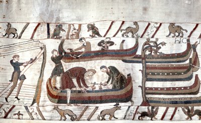 Bygging av skip etter ordre fra Guillaume - Bayeux-teppet, kjent som Broderi av Dronning Mathilde av Unknown artist
