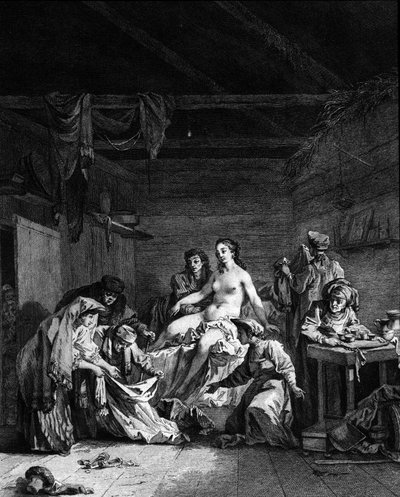 Kontroll av depucking (deflowering) etter ekteskapet med en jomfru i Russland. Gravering fra 1700-tallet av Unknown artist