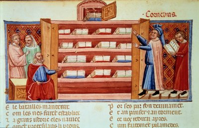 Cornelius Nepos, romersk biograf (100-v.25 f.Kr.), oppdager i en garderobe historien til Troy of Dares the Phrygian. Miniatyr i "" Le Roman de Troie"" (Folio 2v) av Benoit de Sainte-Maure (1100-tallet) av Unknown artist