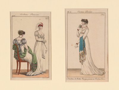Moteplansjer med temaet «Parisisk kostyme» fra Journal des Dames et Des Modes and Costume Parisien (Tidsskriftet for damer og mote) av Unknown artist
