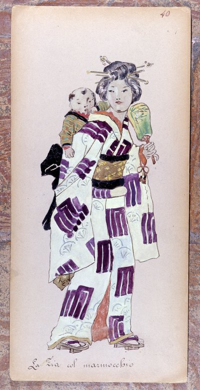 Kostyme av tanten med drittungen (barnet) til skapelsen av Madame Butterfly av Giacomo Puccini i 1904. Samling av Museo della Scala i Milano. av Unknown artist