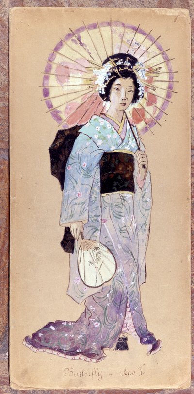 Kostyme av Madame Butterfly til første akt i skapelsen av Madame Butterfly av Giacomo Puccini i 1904. Samling av Museo della Scala i Milano. av Unknown artist