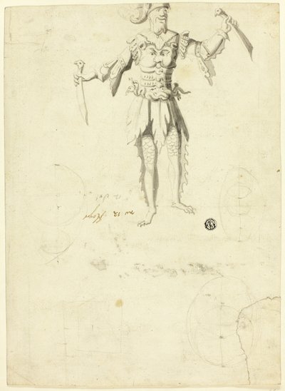 Mann i kostyme som bærer to sverd av Unknown artist