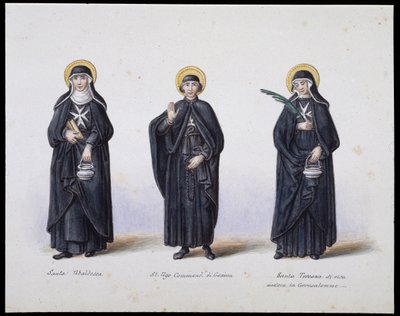 Kostymer: 1. Santa Ubaldesca, 2. St Ugo di Genova, 3. Santa Toscana di Vita. sd. 1800-tallet. av Unknown artist