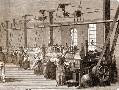 Bomullsvevverksted. 1860 gravering. av Unknown artist