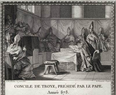 Konsilet i Troye 7. september 878. I mai 878 kom pave Johannes VIII truet av sarasenere og italienske adelsmenn for å søke tilflukt i Arles under hertug Boson og hans kone Ermengarde. Han følger ham i Troyes eller organiserer et stort råd. av Unknown artist