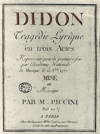 Omslag til librettoen til operaen "" Didon"" av komponisten Niccolo Vito Piccini (eller Piccini) (1728-1800). 1783 av Unknown artist
