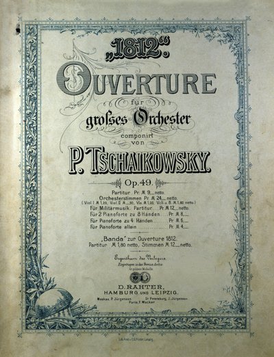 Omslag til åpningspartituret "" Året 1812""" opus 49 av Piotr eller Petr Iljitsj Tsjaikovskij (eller Tsjaikovskij eller Ciajkovskij eller Tsjaikowskij av Unknown artist
