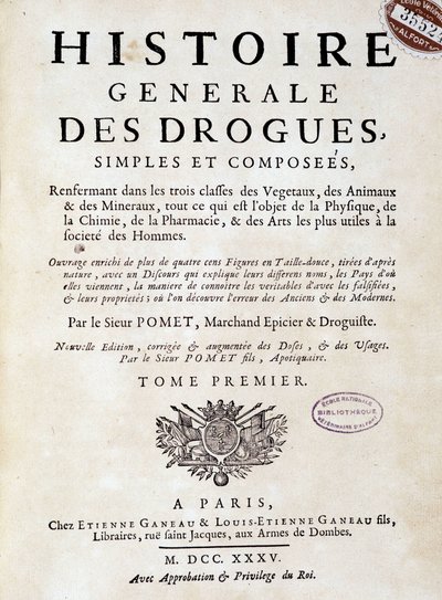 Forside til "General History of Drugs, Single and Composed" av Pomet av Unknown artist