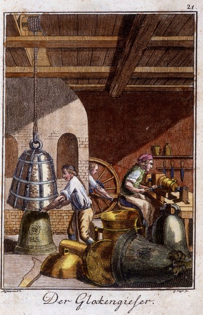 Håndverk: bjellemakeren i verkstedet hans. I "" Omfattende beskrivelse av kunst og håndverk og verksteder for ungdom"" av Johan Peter Vue. Ed. Nürnberg, Weigel og Schneider av Unknown artist