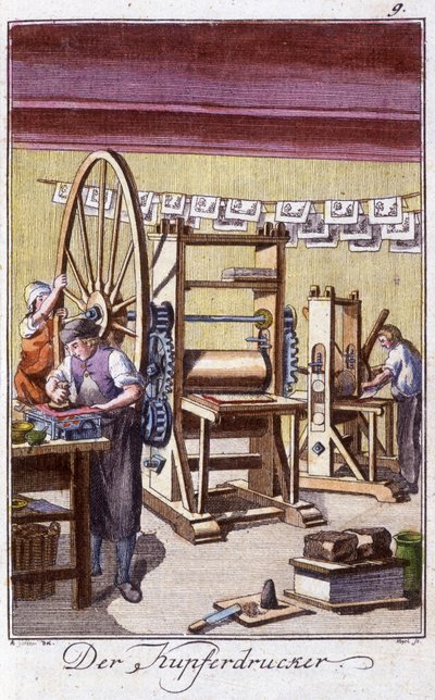 Håndverk: kobbergravøren i verkstedet hans. I “” Omfattende beskrivelse av kunst og håndverk og verksteder for ungdom”” av Johan Peter Vire. Ed. Nürnberg, Weigel og Schneider av Unknown artist