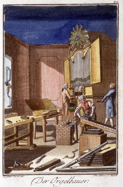 Håndverk: orgelbyggeren i verkstedet sitt. I "" Omfattende beskrivelse av kunst og håndverk og verksteder for ungdom"" av Johan Peter Vue. Ed. Nürnberg, Weigel og Schneider av Unknown artist