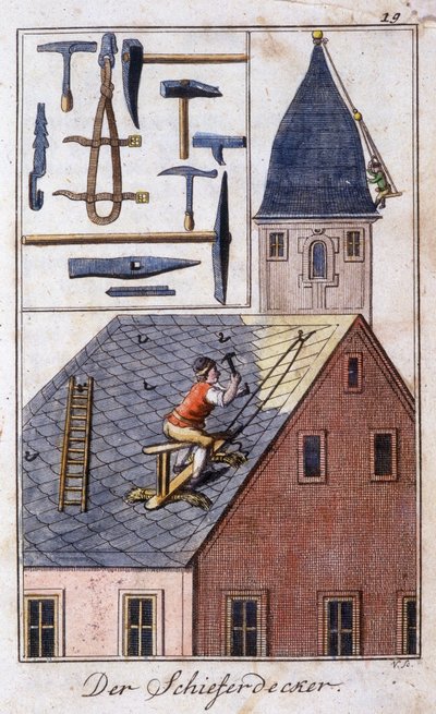 Håndverk: skifertakeren og dens arbeidsverktøy. I "" Omfattende beskrivelse av kunst og håndverk og verksteder for ungdom"" av Johan Peter Vue. Ed. Nürnberg, Weigel og Schneider av Unknown artist