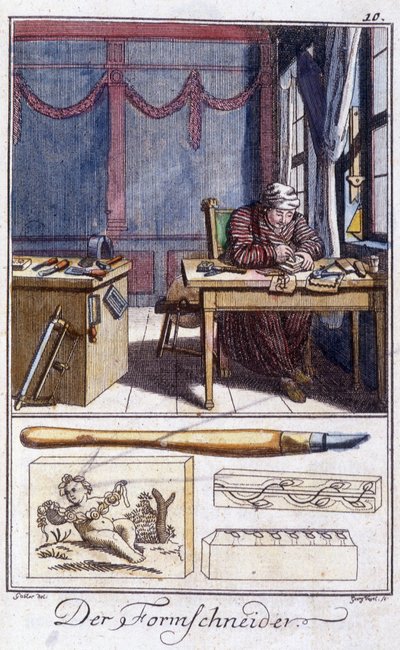 Håndverk: trebearbeidingsgravøren (og arbeidsverktøyene hans) i verkstedet hans. I "" Omfattende beskrivelse av kunst og håndverk og verksteder for ungdom"" av Johan Peter Vue. Ed. Nürnberg, Weigel og Schneider av Unknown artist