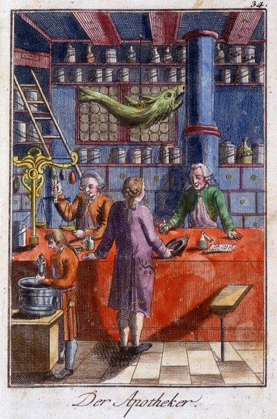 Håndverk: apotekeren (farmasøyten) i verkstedet hans. I “” Omfattende beskrivelse av kunst og håndverk og verksteder for ungdom”” av Johan Peter Vire. Ed. Nürnberg, Weigel og Schneider av Unknown artist