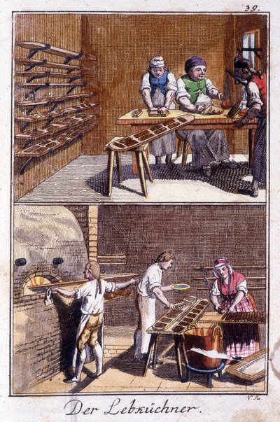Håndverk: pepperkakemakeren i verkstedet sitt. I "" Omfattende beskrivelse av kunst og håndverk og verksteder for ungdom"" av Johan Peter Vue. Ed. Nürnberg, Weigel og Schneider av Unknown artist
