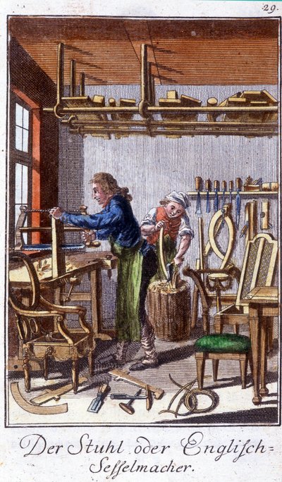 Håndverk: produsenten av stoler i verkstedet hans. I "" Omfattende beskrivelse av kunst og håndverk og verksteder for ungdom"" av Johan Peter Vue. Ed. Nürnberg, Weigel og Schneider av Unknown artist