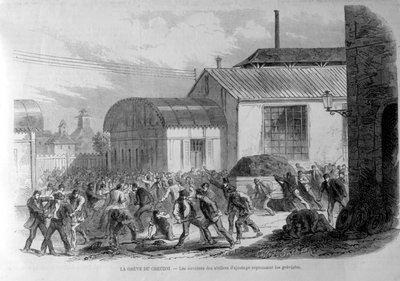 Creusot streik. Arbeiderne i omstillingsbutikkene frastøter de streikende. Gravering 1800-tallet. av Unknown artist